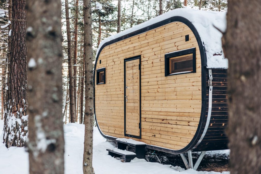 wooden tiny house snowy winter forest glamping 2022 12 08 00 30 49 utc